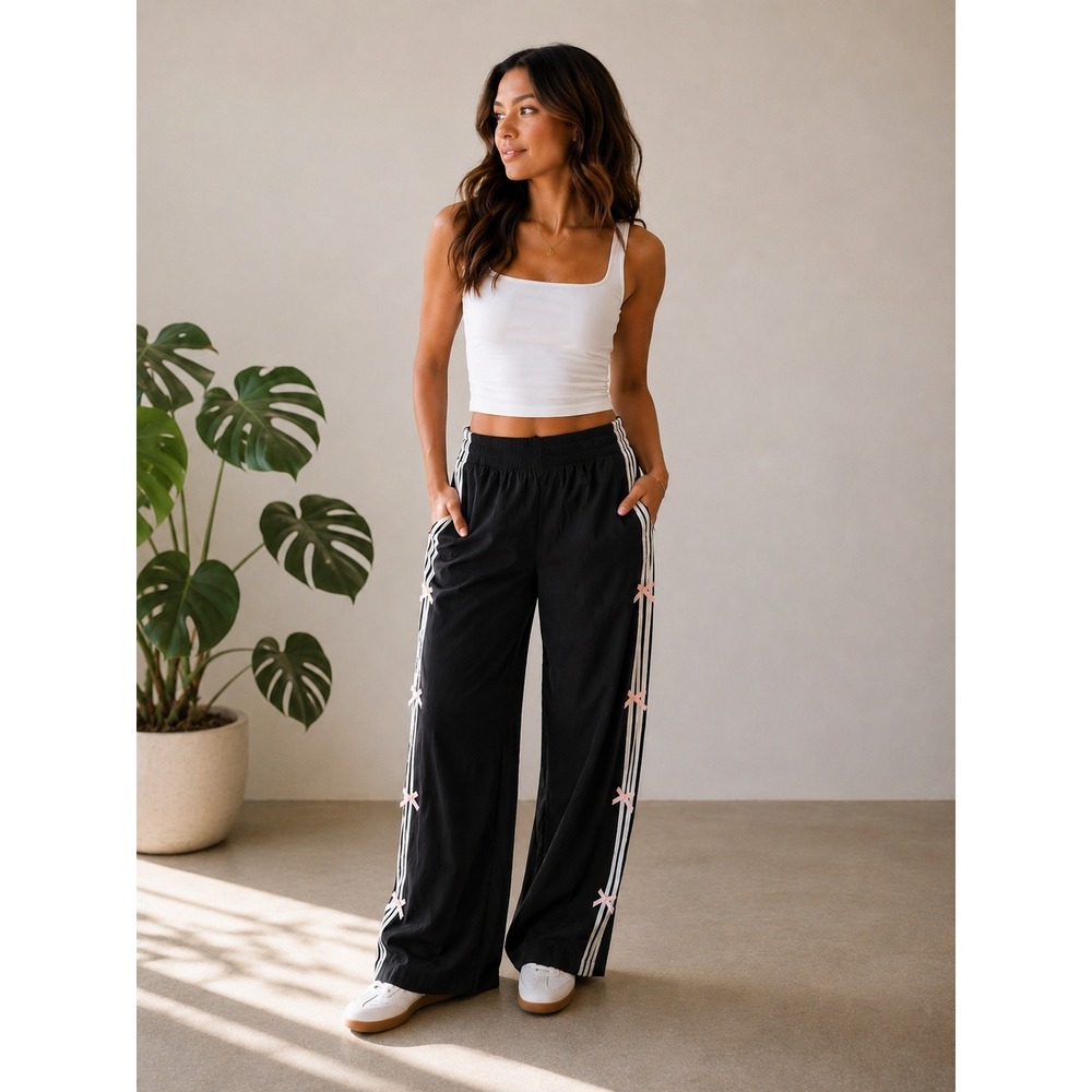 Cali 1850 Black‎ Track Pants XL Y2K Bow Side Stripe Wide Leg Lounge Pants